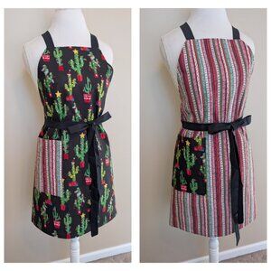 NWT Handmade Reversible Apron - Christmas cactus and stripes - One Size - OOAK